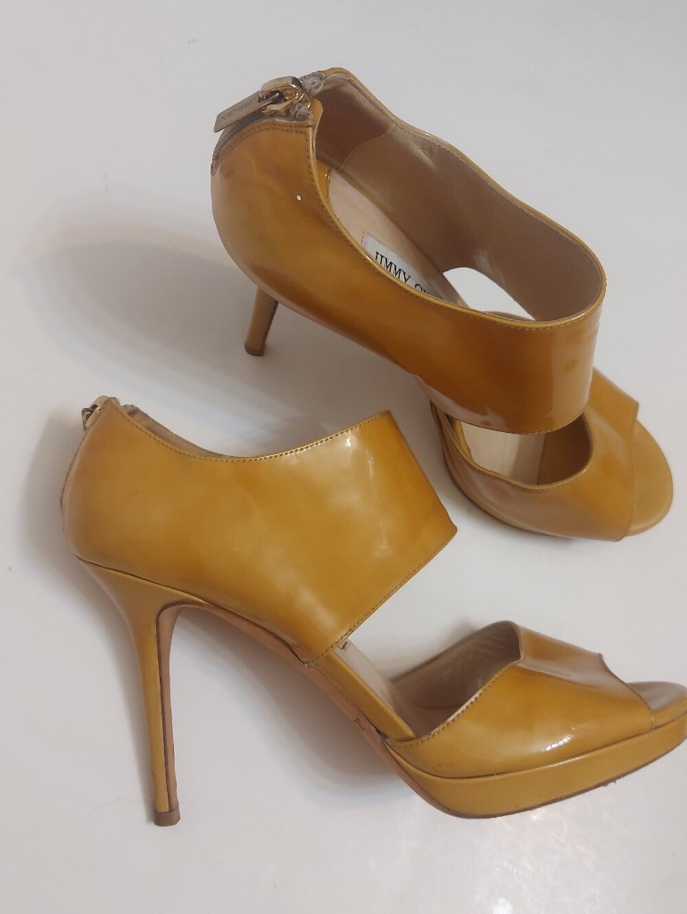 Jimmy Choo Mustard Yellow Patent Leather Open-Toe Heels